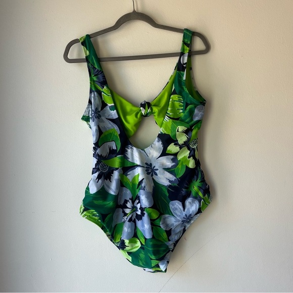 Aerie One Piece Swimsuit L Tropical Floral Green Blue Cutout Bathing Suit - Picture 9 of 12